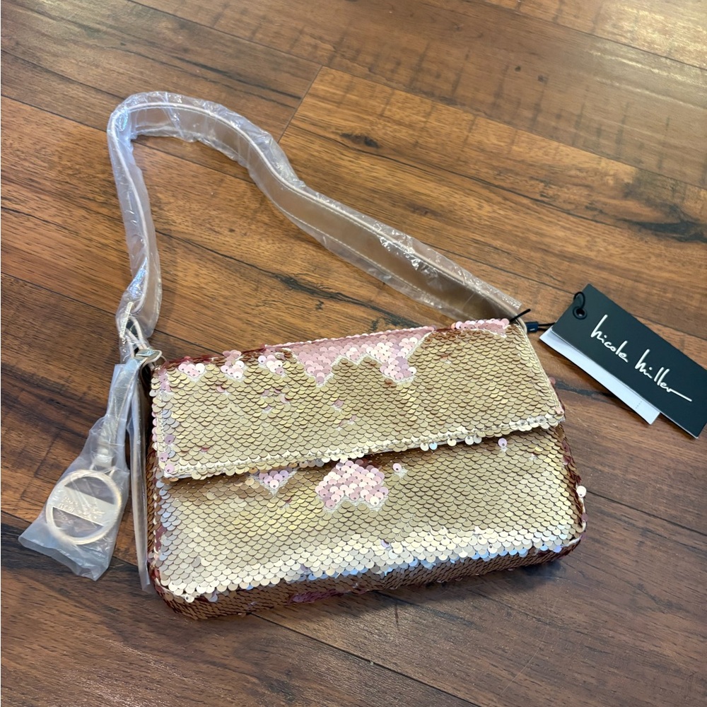 Nicole Miller Gold Pink Sequin Shoulder Purse Y2K early 2000s Baguette bag NWT
